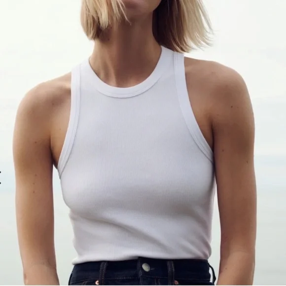 Women's White Ribbed Tank Top - Classic Crewneck - Picture 1 of 6